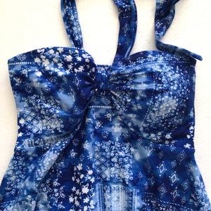 NWOT Time and Tru Blue White Strapless Bandana Patchwork Print Tie Front Top, XS
